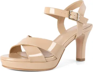 Eldof Women Platform Chunky Heels Open Toe Ankle Strap Heeled Sandals 3 Inches