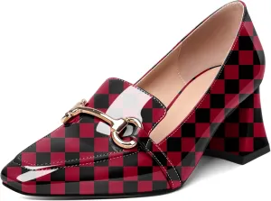 Eldof Women's Block Heels Loafers Women Shoes with Chain Closed Square Toe Slip on Heels 2.5 Inches for Casual Work Daily Life Party