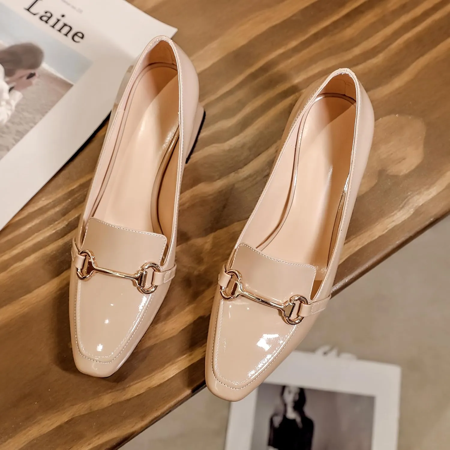 Eldof Women's Block Heels Loafers Women Shoes with Chain Closed Square Toe Slip on Heels 2.5 Inches for Casual Work Daily Life Party