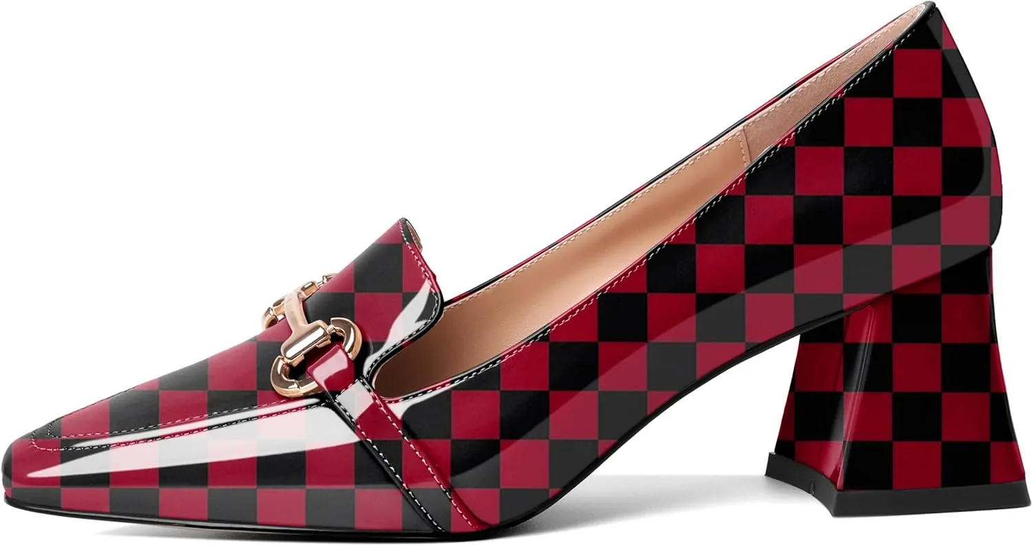 Eldof Women's Block Heels Loafers Women Shoes with Chain Closed Square Toe Slip on Heels 2.5 Inches for Casual Work Daily Life Party