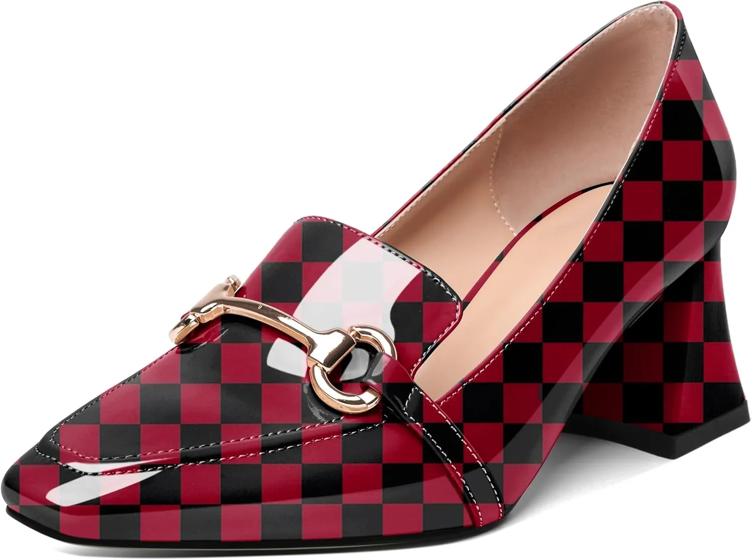 Eldof Women's Block Heels Loafers Women Shoes with Chain Closed Square Toe Slip on Heels 2.5 Inches for Casual Work Daily Life Party