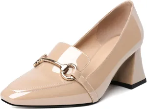 Eldof Women's Block Heels Loafers Women Shoes with Chain Closed Square Toe Slip on Heels 2.5 Inches for Casual Work Daily Life Party