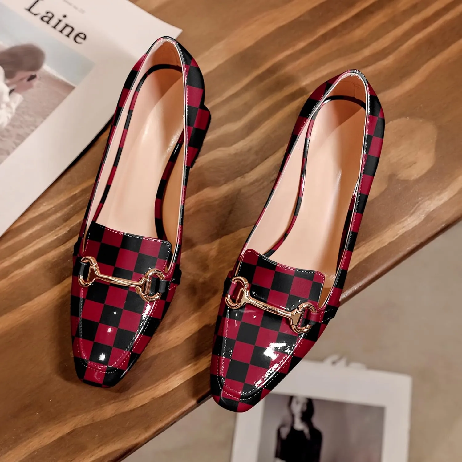 Eldof Women's Block Heels Loafers Women Shoes with Chain Closed Square Toe Slip on Heels 2.5 Inches for Casual Work Daily Life Party