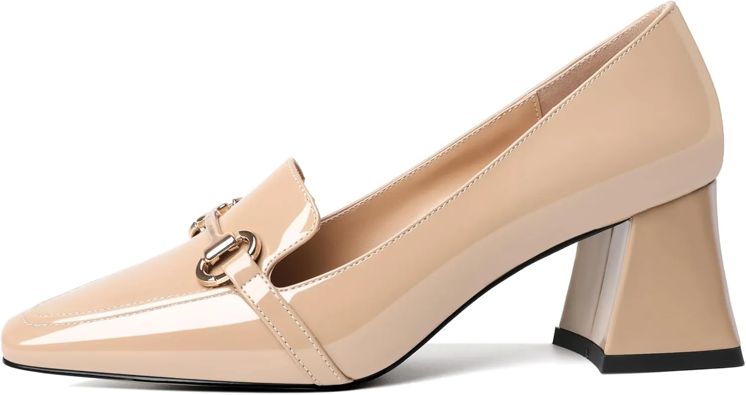 Eldof Women's Block Heels Loafers Women Shoes with Chain Closed Square Toe Slip on Heels 2.5 Inches for Casual Work Daily Life Party