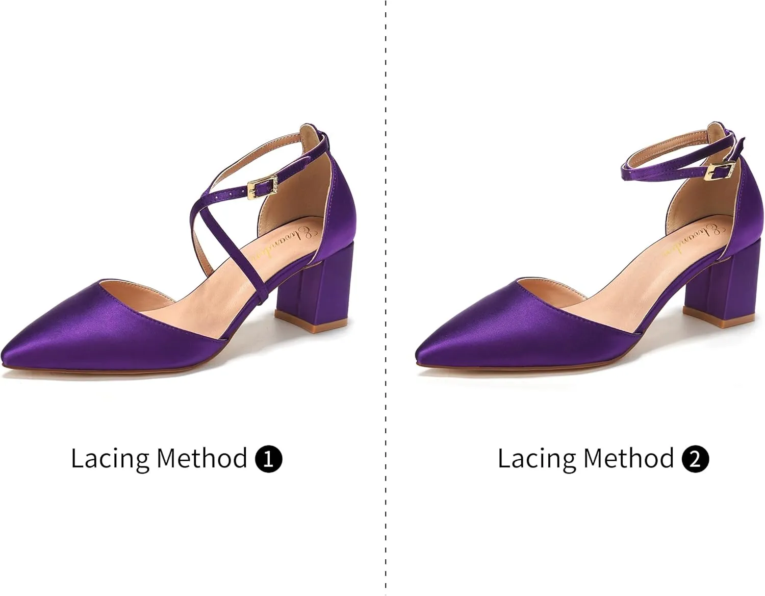 Elivandon J1586 Women's Satin Pointed Toe Mid-Heel Evening Sandals 2.36 inches Block Heel Bridal Party Wedding Pumps with Long Strap