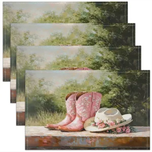 Erosebridal Cowgirl Placemats Set of 4 12x18 Floral Hats Place Mat for Girls Women Boots Dreamy Canvas Woodland Pink Green Heat Resisting Table Mats