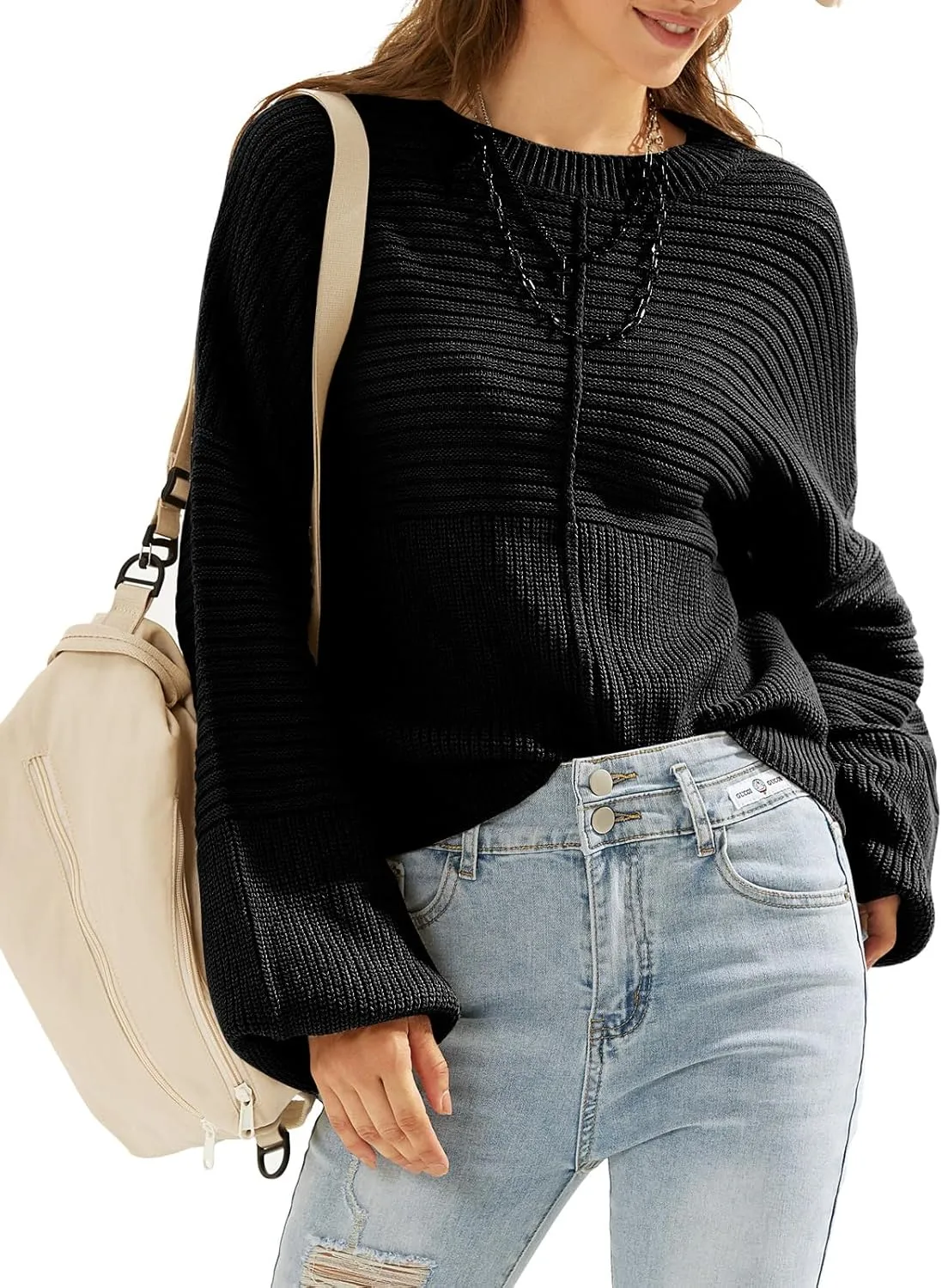 EXLURA Womens Oversized Sweaters Crew Neck Long Lantern Sleeve Loose Casual Knit Slouchy Fall Pullover Tops