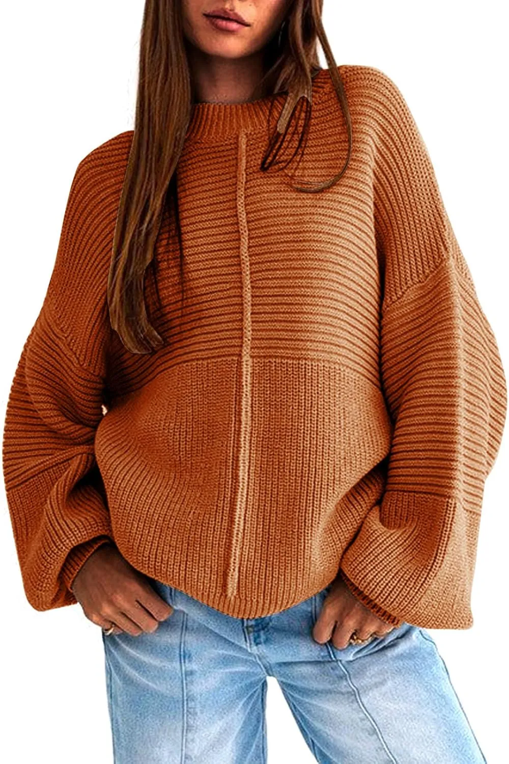 EXLURA Womens Oversized Sweaters Crew Neck Long Lantern Sleeve Loose Casual Knit Slouchy Fall Pullover Tops