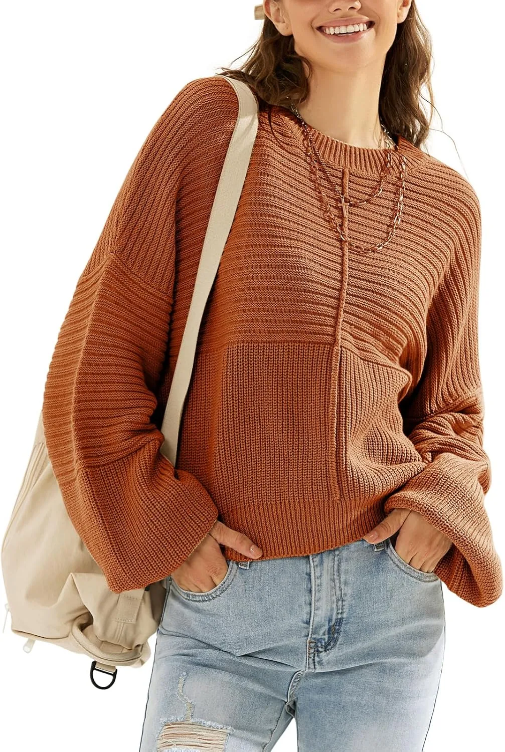 EXLURA Womens Oversized Sweaters Crew Neck Long Lantern Sleeve Loose Casual Knit Slouchy Fall Pullover Tops