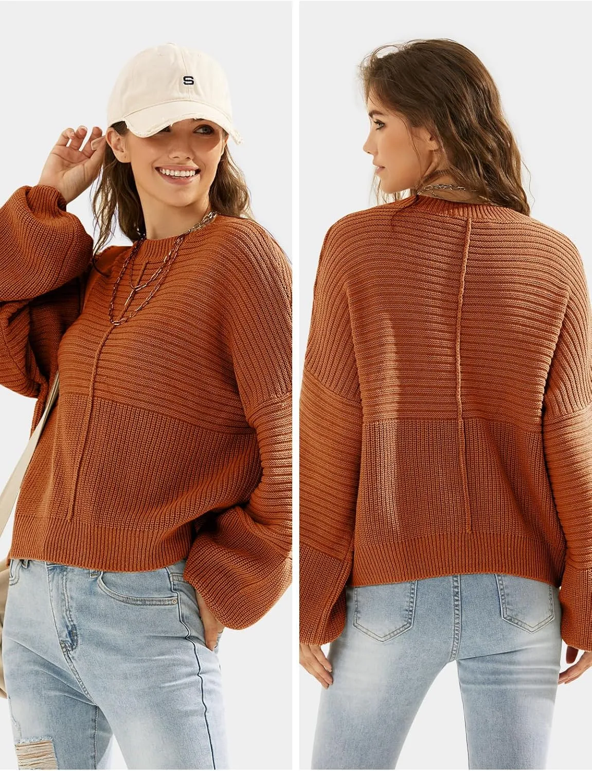 EXLURA Womens Oversized Sweaters Crew Neck Long Lantern Sleeve Loose Casual Knit Slouchy Fall Pullover Tops