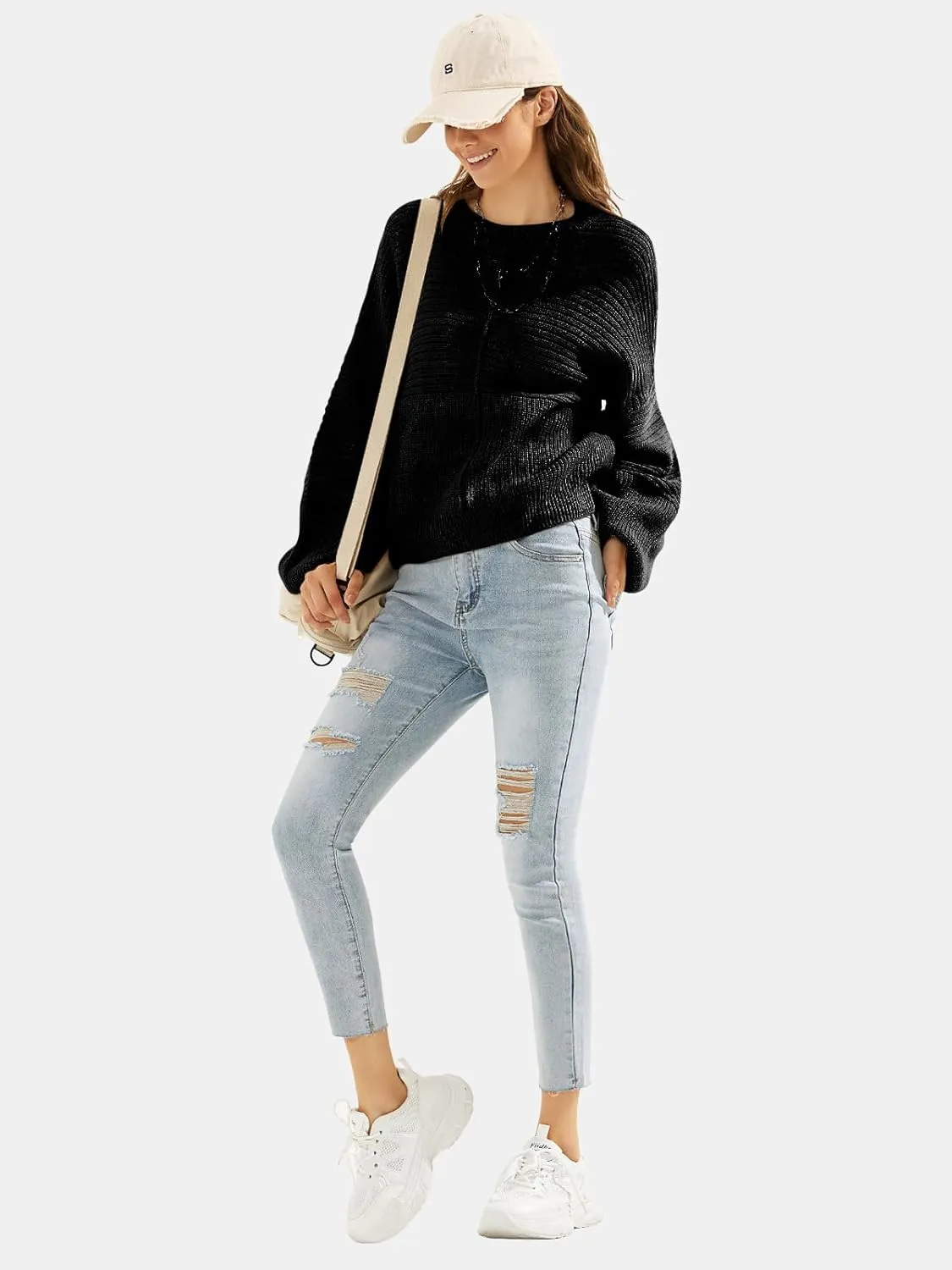 EXLURA Womens Oversized Sweaters Crew Neck Long Lantern Sleeve Loose Casual Knit Slouchy Fall Pullover Tops