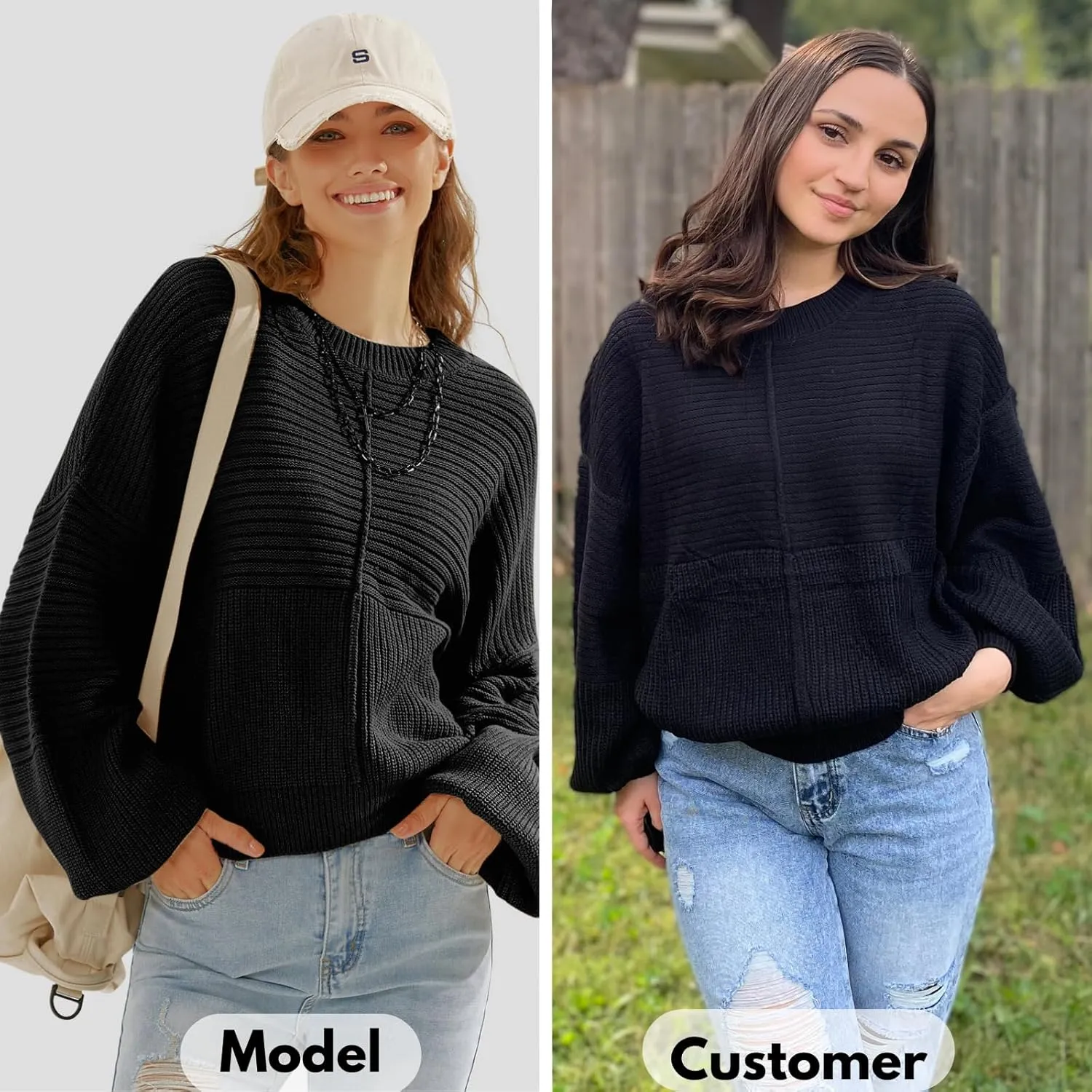 EXLURA Womens Oversized Sweaters Crew Neck Long Lantern Sleeve Loose Casual Knit Slouchy Fall Pullover Tops