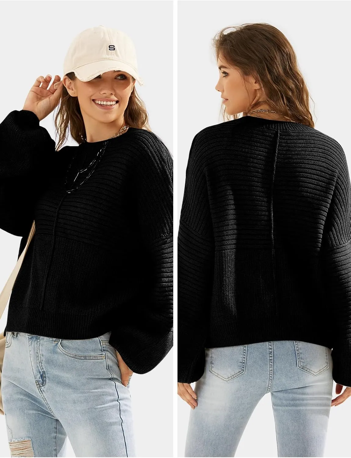 EXLURA Womens Oversized Sweaters Crew Neck Long Lantern Sleeve Loose Casual Knit Slouchy Fall Pullover Tops