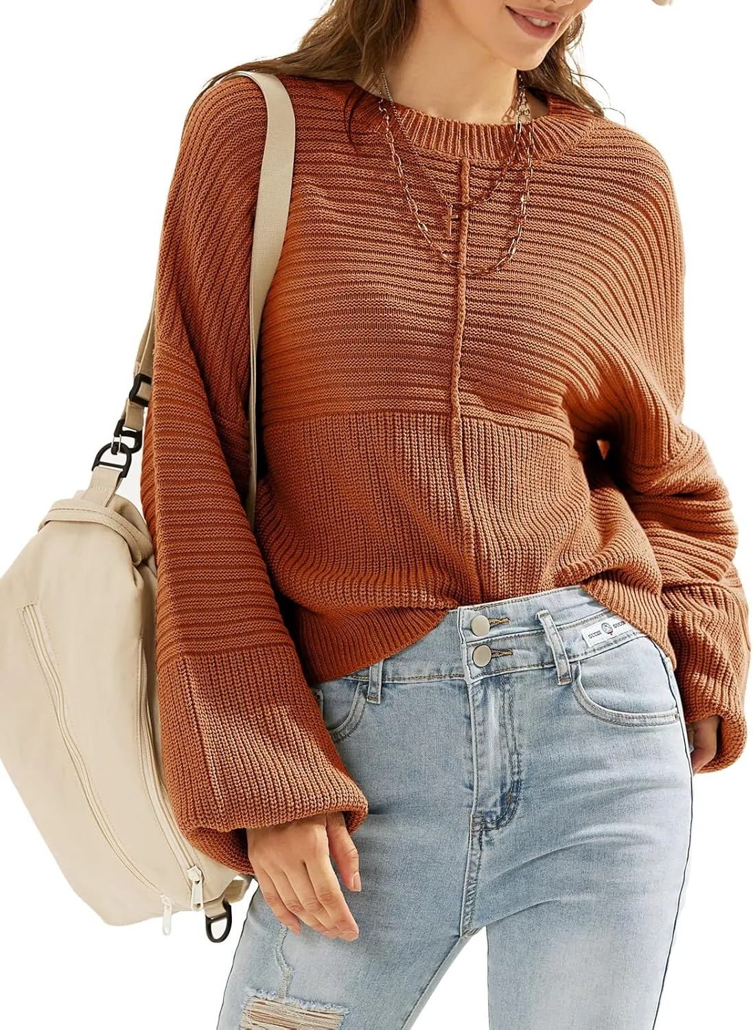 EXLURA Womens Oversized Sweaters Crew Neck Long Lantern Sleeve Loose Casual Knit Slouchy Fall Pullover Tops