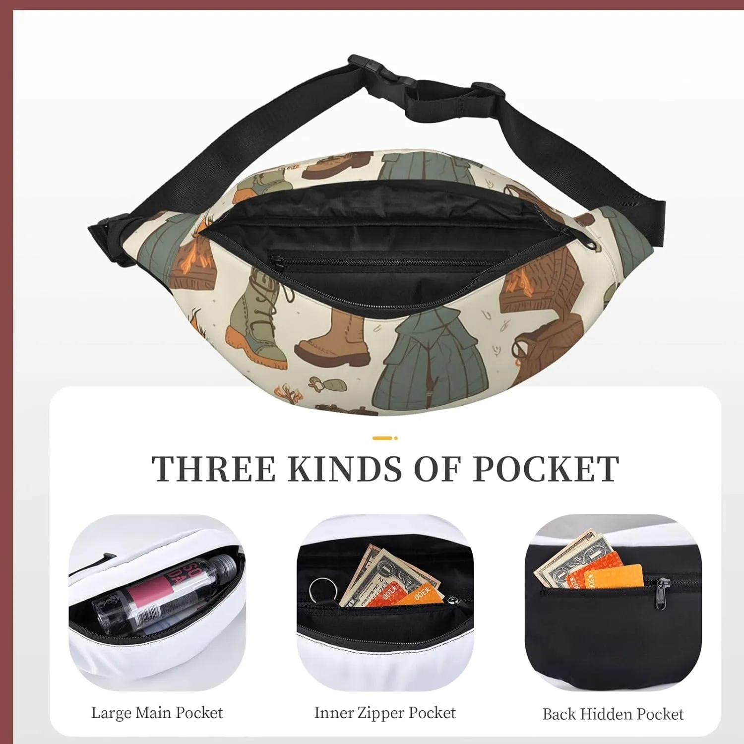 Fanny Packs For Women Men Waist Bag Waterproof Sport Belt Bag Sleeping Bag Boots Campfire Pattern Fashion Waist Pack Adjustable Crossbody Bags Zipper Bum Bag For Running Hiking Travel
