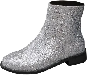 Fashion Glitter Ankle Boots Women Sparkly Zipper Low Heel Booties Shoes Round Toe Sequin Short Boot Mid Calf Bootie Wide Width Booties For Women Todays Deals In Clearance