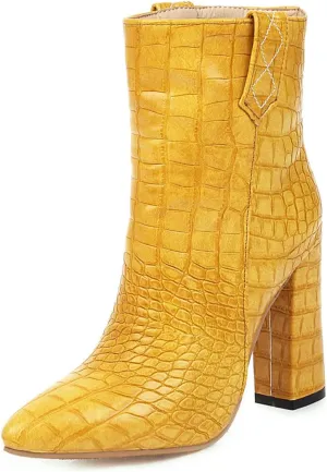 Fashion Women Block High Heels Western Boots Ankle High Crocodile Pattern Booties Zipper Low Boots