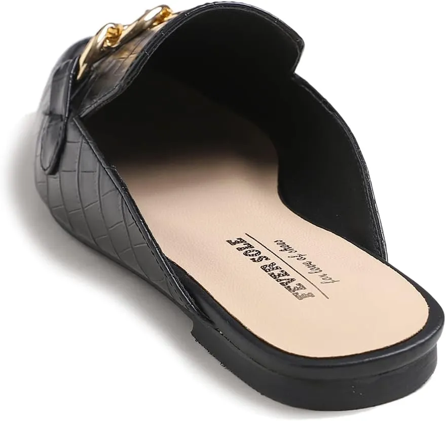 FEVERSOLE Women's Fashion Deco Mules Slip On Backless Slide Flats