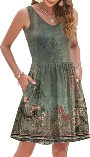Floral Dress for Women V Neck Sleeveless Sundress Retro Boho A-Line Swing Pleated Tiered Ruffle Dress