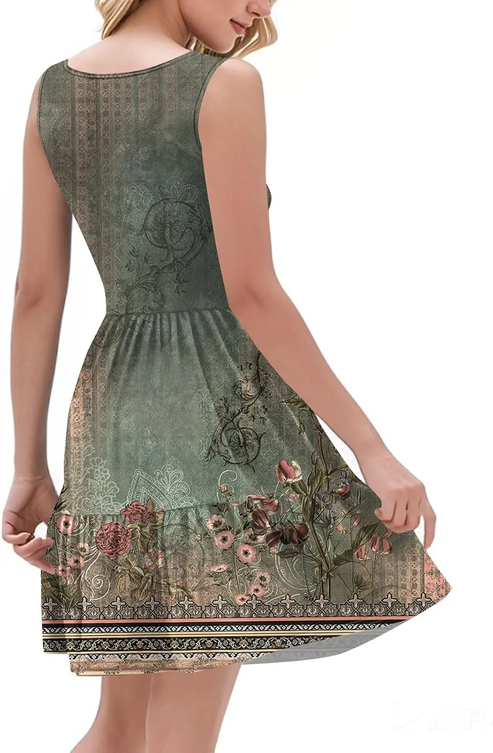 Floral Dress for Women V Neck Sleeveless Sundress Retro Boho A-Line Swing Pleated Tiered Ruffle Dress