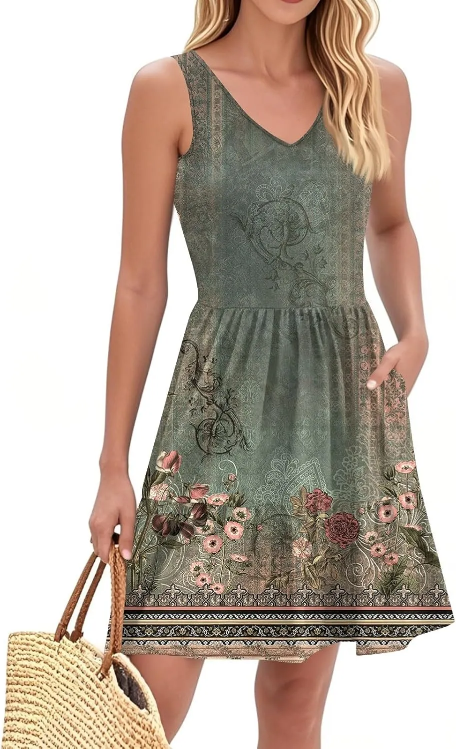 Floral Dress for Women V Neck Sleeveless Sundress Retro Boho A-Line Swing Pleated Tiered Ruffle Dress