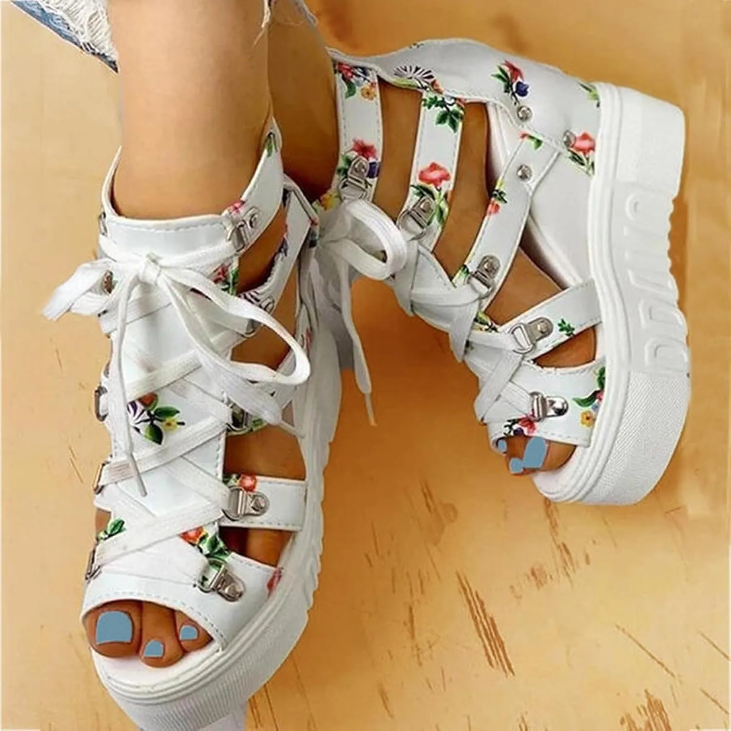 Floral Wedges for Women Summer Dressy Chunky Heel Platform Sandals Lace Up Open Toe Shoes Hollow Out Roman Sandals Fashion 2025 Casual Beach Sandals
