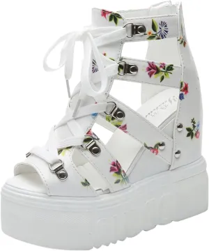 Floral Wedges for Women Summer Dressy Chunky Heel Platform Sandals Lace Up Open Toe Shoes Hollow Out Roman Sandals Fashion 2025 Casual Beach Sandals