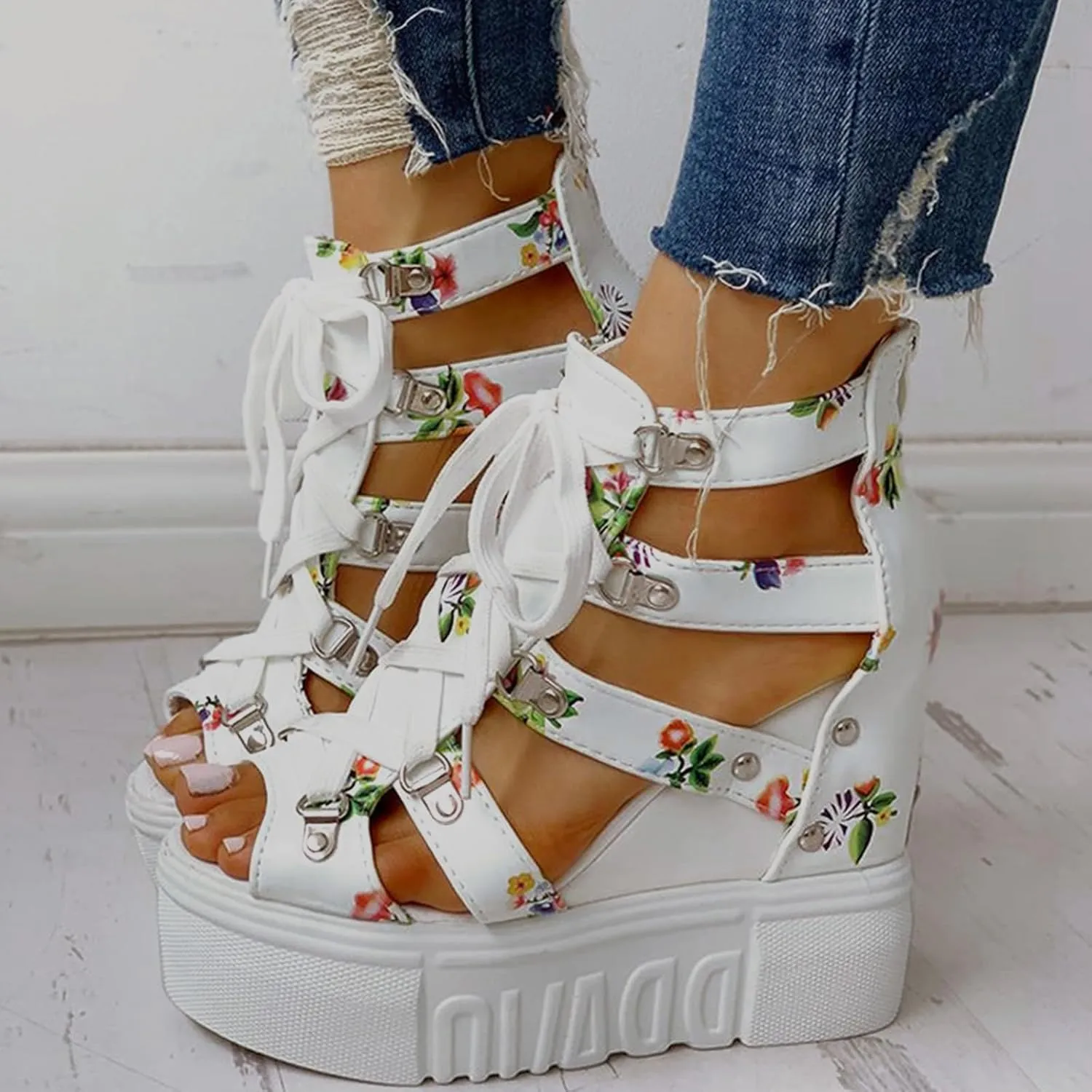 Floral Wedges for Women Summer Dressy Chunky Heel Platform Sandals Lace Up Open Toe Shoes Hollow Out Roman Sandals Fashion 2025 Casual Beach Sandals