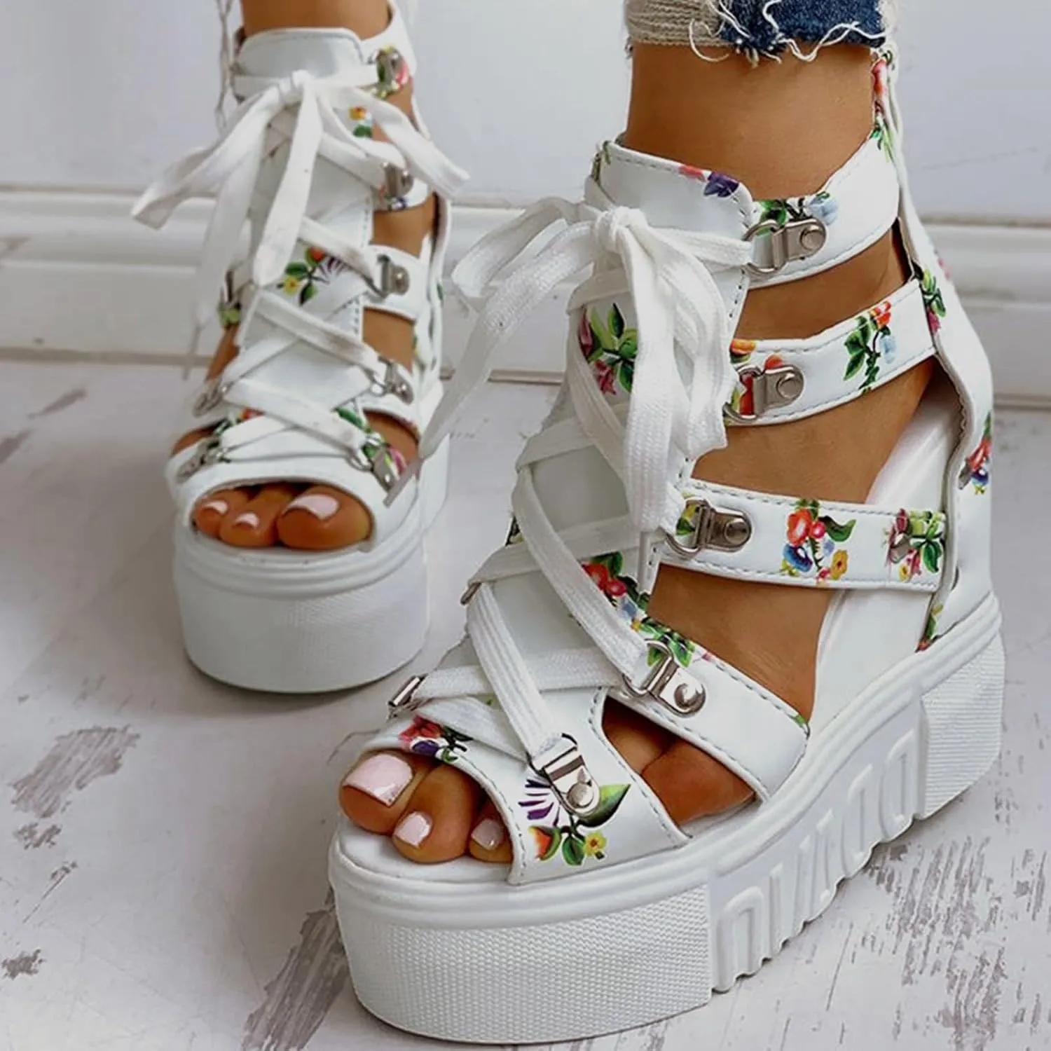 Floral Wedges for Women Summer Dressy Chunky Heel Platform Sandals Lace Up Open Toe Shoes Hollow Out Roman Sandals Fashion 2025 Casual Beach Sandals