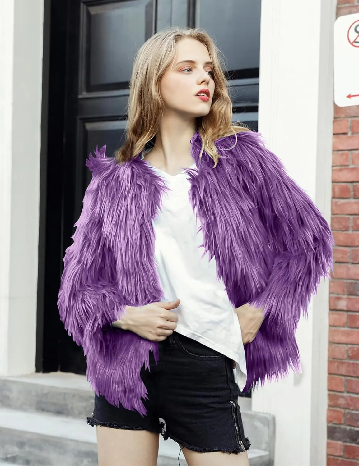 Flygo Faux Fur Coat Women Faux Fur Jacket Fluffy Open Front Cardigan Shaggy Short Coat Fall Winter Jacket