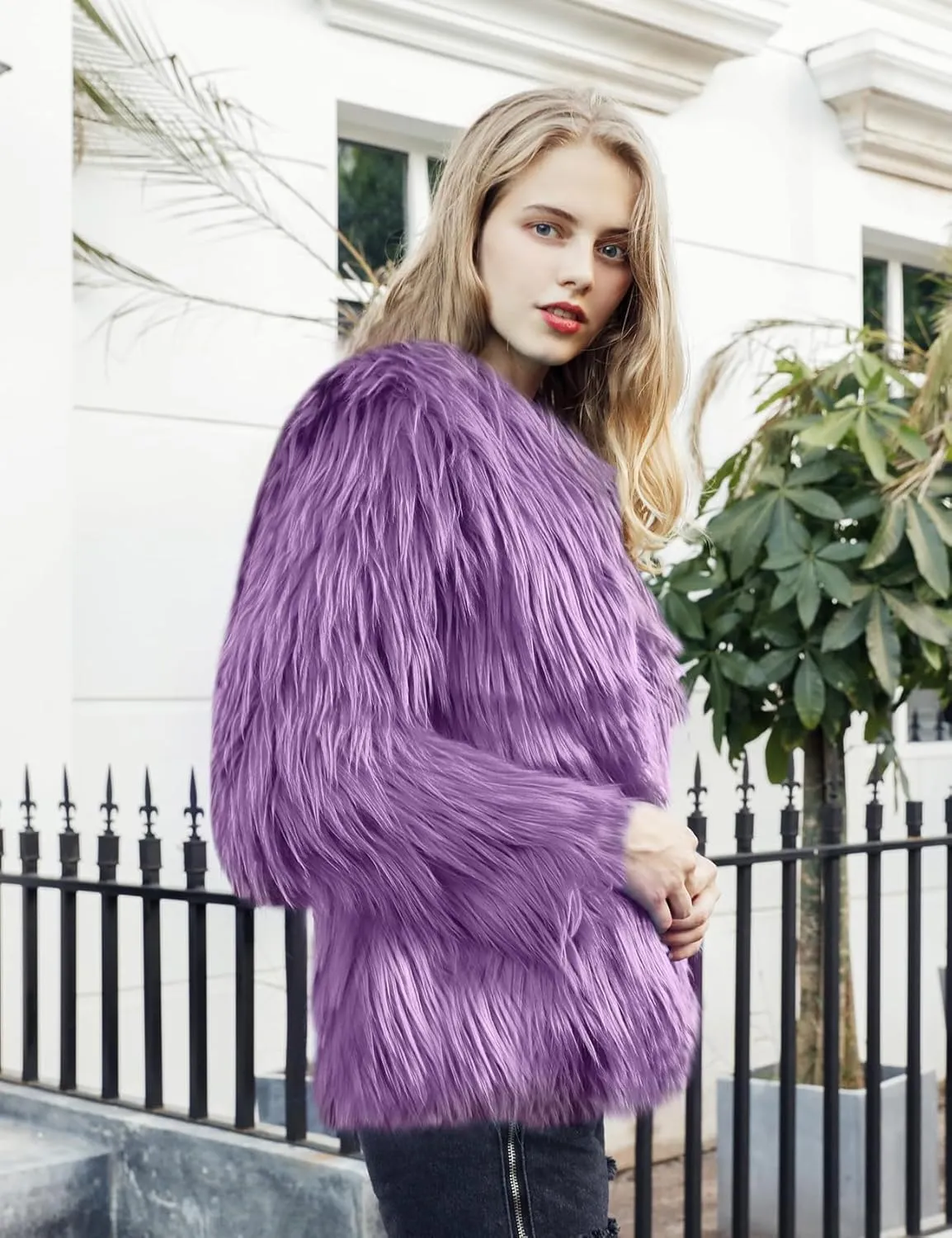 Flygo Faux Fur Coat Women Faux Fur Jacket Fluffy Open Front Cardigan Shaggy Short Coat Fall Winter Jacket