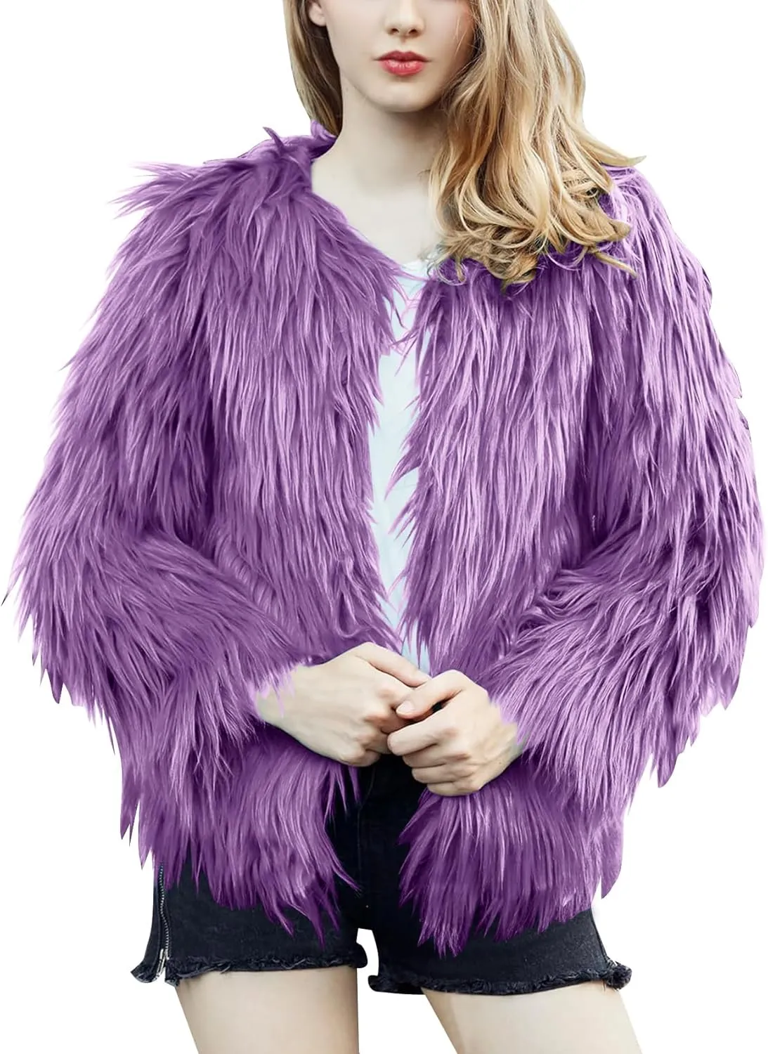 Flygo Faux Fur Coat Women Faux Fur Jacket Fluffy Open Front Cardigan Shaggy Short Coat Fall Winter Jacket