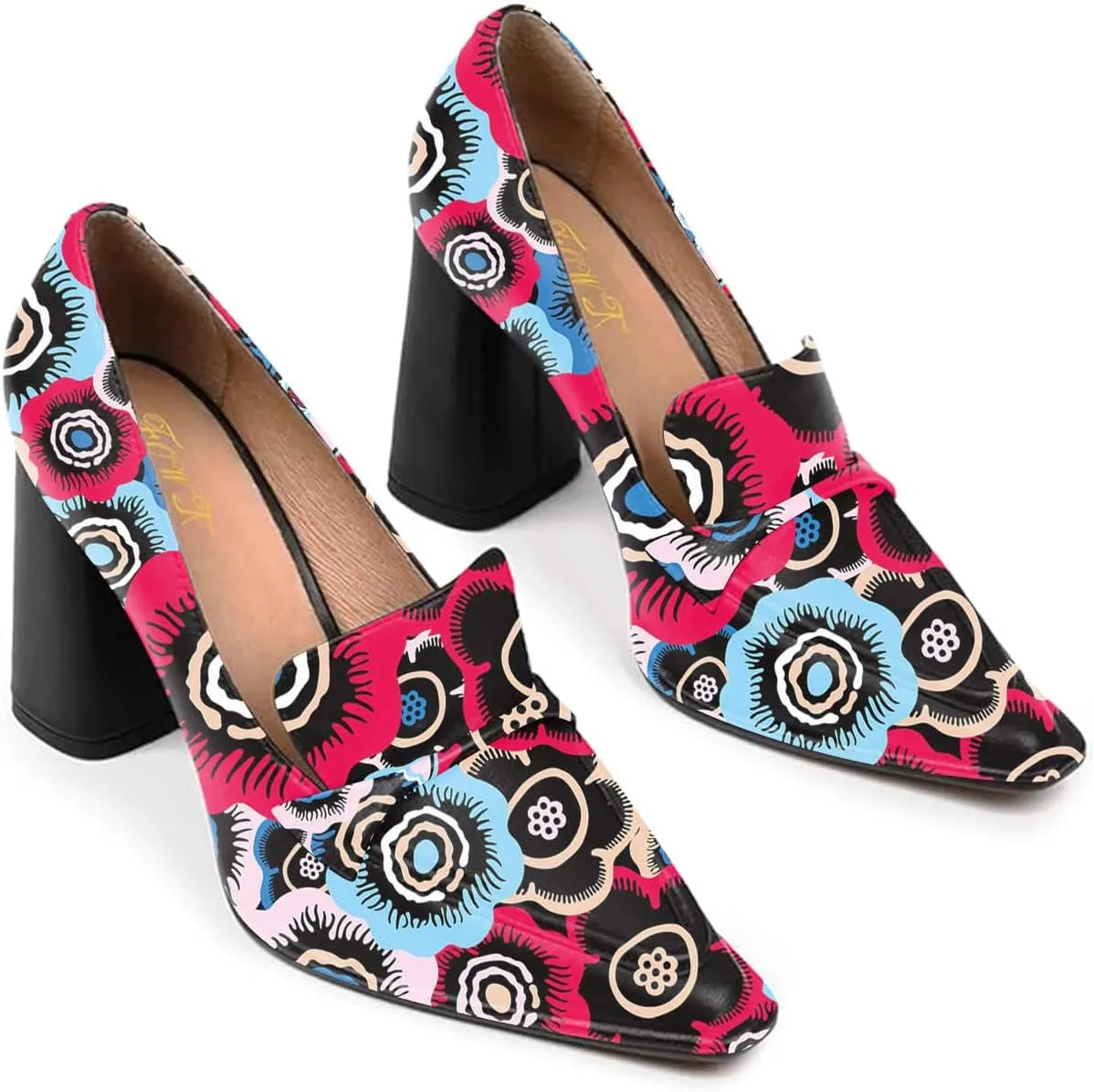 FOWT Womens Solid Color/Two Toned Rolled Single Belt Loafers Pointed Toe High Chunky Heel Pumps Casual Slip On Side V Cut Shoes for Dress Party Career School 4-16 US Size