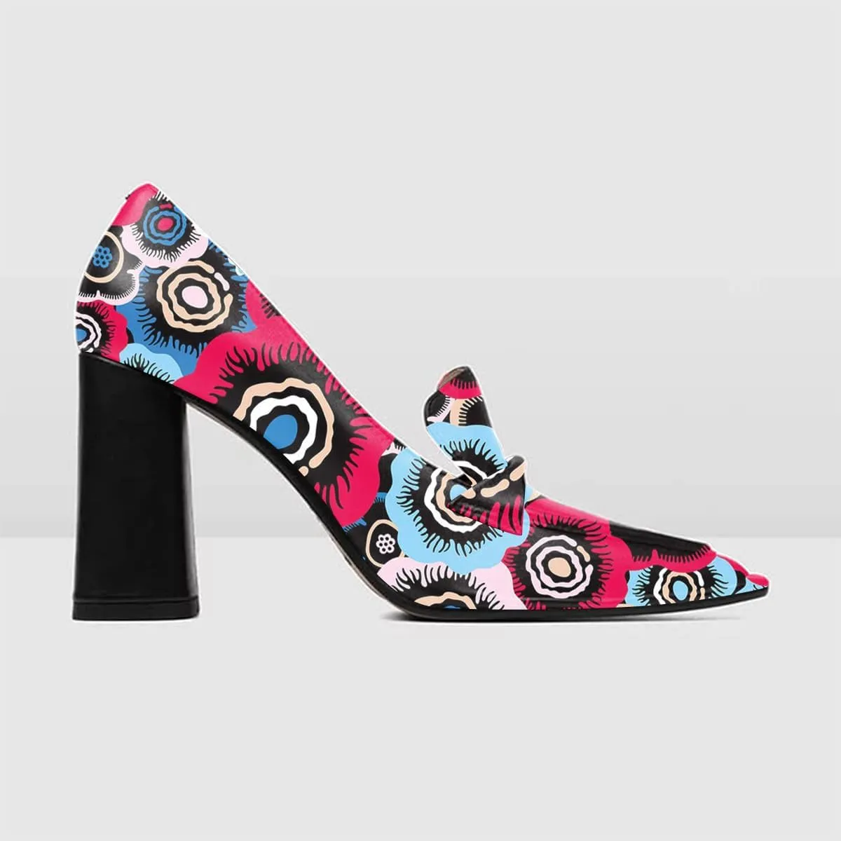 FOWT Womens Solid Color/Two Toned Rolled Single Belt Loafers Pointed Toe High Chunky Heel Pumps Casual Slip On Side V Cut Shoes for Dress Party Career School 4-16 US Size