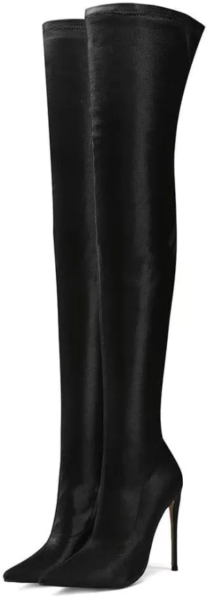 Frankie Hsu Sexy Stretch Fabric Stiletto Over The Knee Boot, Fashion Classic Thigh Style, Large Big Size Kitten Heels Above Knee High Shoes For Women US5-15