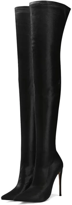 Frankie Hsu Sexy Stretch Fabric Stiletto Over The Knee Boot, Fashion Classic Thigh Style, Large Big Size Kitten Heels Above Knee High Shoes For Women US5-15