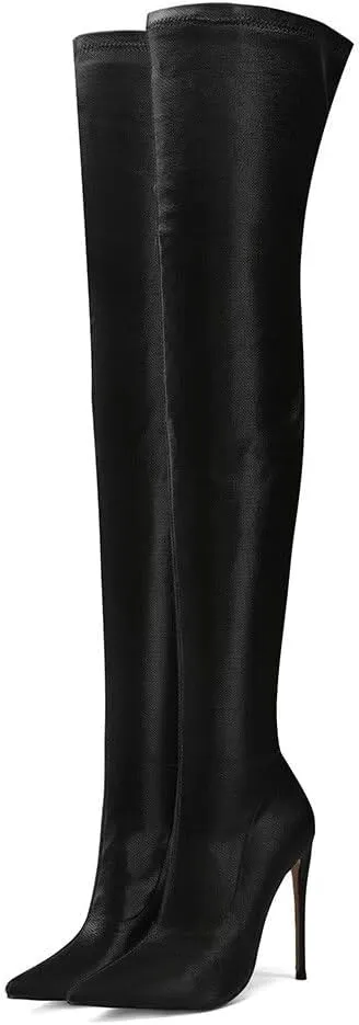 Frankie Hsu Sexy Stretch Fabric Stiletto Over The Knee Boot, Fashion Classic Thigh Style, Large Big Size Kitten Heels Above Knee High Shoes For Women US5-15