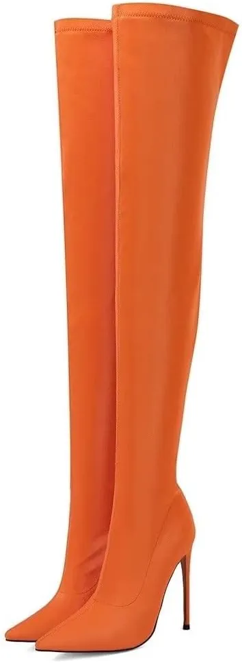 Frankie Hsu Sexy Stretch Fabric Stiletto Over The Knee Boot, Fashion Classic Thigh Style, Large Big Size Kitten Heels Above Knee High Shoes For Women US5-15