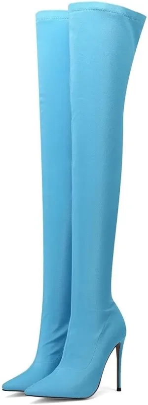 Frankie Hsu Sexy Stretch Fabric Stiletto Over The Knee Boot, Fashion Classic Thigh Style, Large Big Size Kitten Heels Above Knee High Shoes For Women US5-15