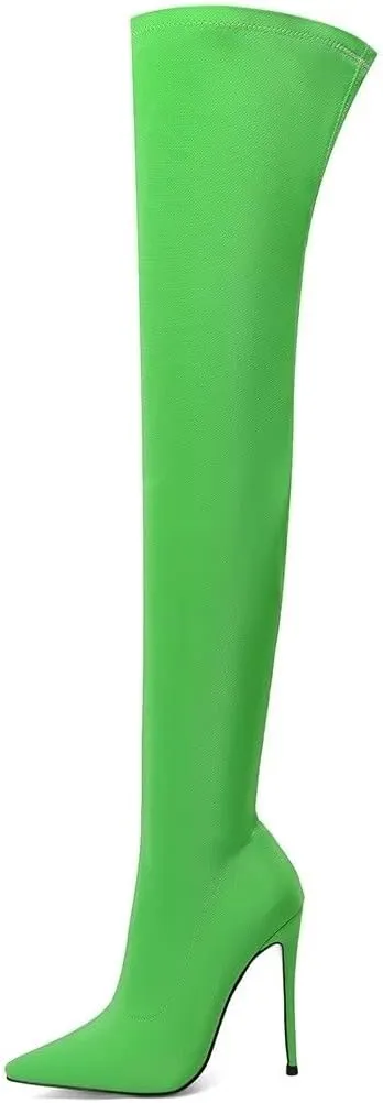 Frankie Hsu Sexy Stretch Fabric Stiletto Over The Knee Boot, Fashion Classic Thigh Style, Large Big Size Kitten Heels Above Knee High Shoes For Women US5-15