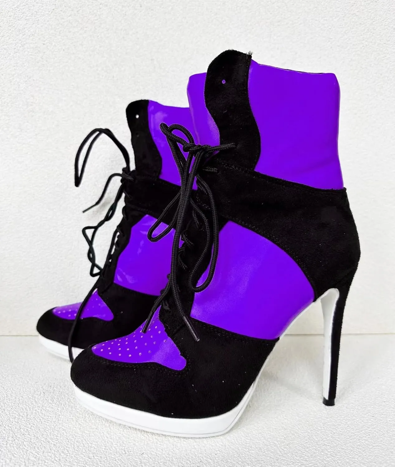 Frankie Hsu Stiletto Sport Basketball High Heeled Ankle Boots, Black Suede Classic White Sneaker Bootie, Big Size Fashion Designer Shoes For Women Men