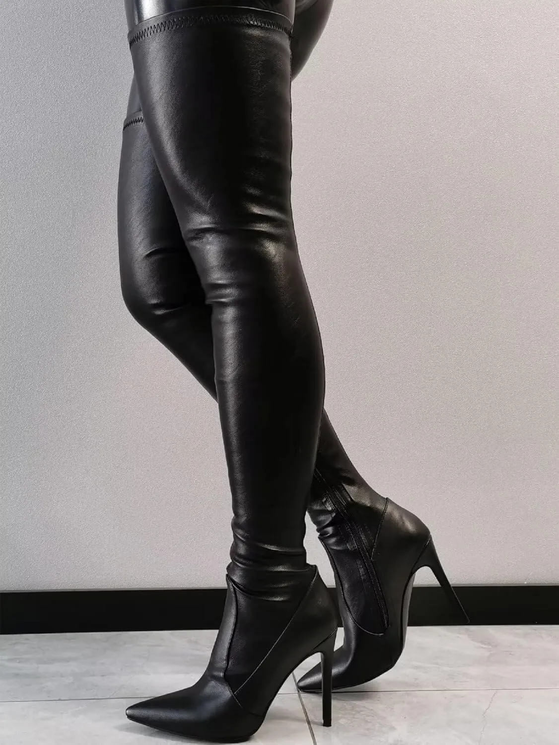 Frankie Hsu Women's Large Big Size Classic Solid Black Stretch Ultrathin Sexy Zip Pointed Toe Tights Stiletto Heels Over Knee Thigh High Long Boots