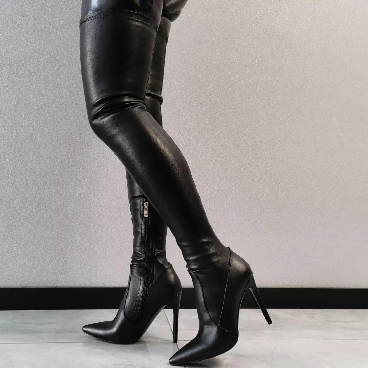 Frankie Hsu Women's Large Big Size Classic Solid Black Stretch Ultrathin Sexy Zip Pointed Toe Tights Stiletto Heels Over Knee Thigh High Long Boots