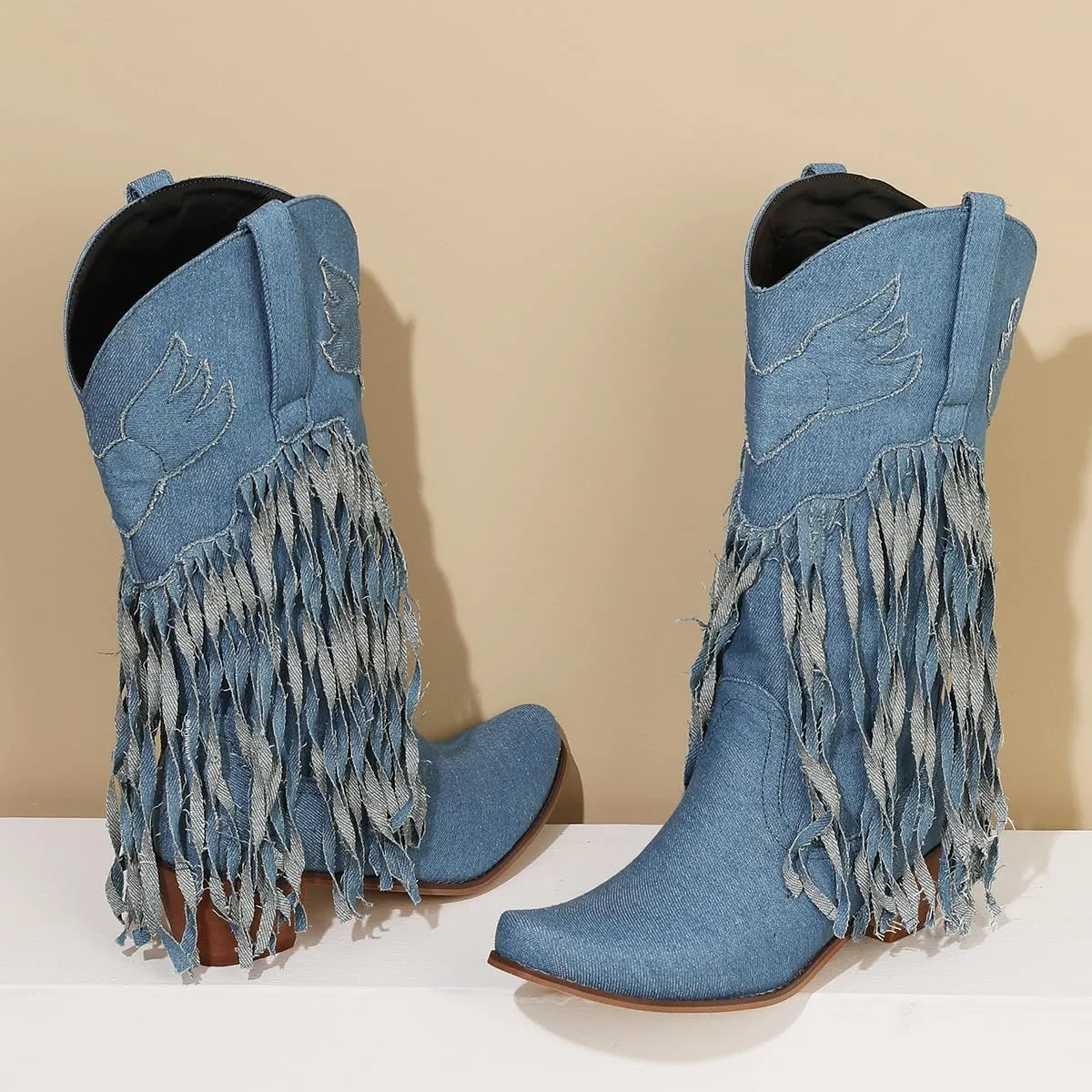 Fringe Denim Cowboy Boots Chunky Heel Tassel Cowgirl Boots Low Heel Mid Calf Western Boots