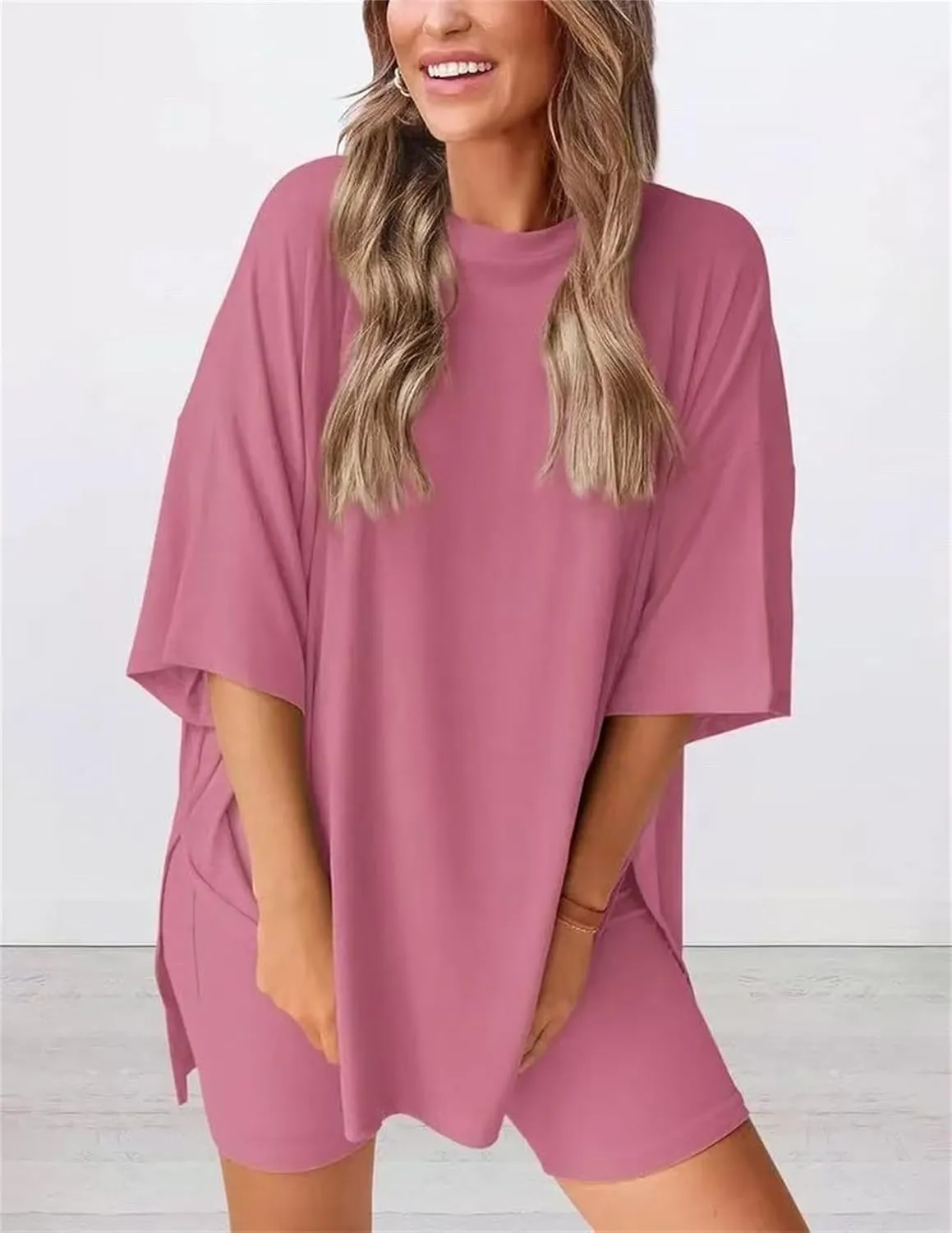 Frunqui Womens short Sets, Summer Casual Round Neck Short Sleeves Loose Shirts and Shorts Two Piece Lounge Set