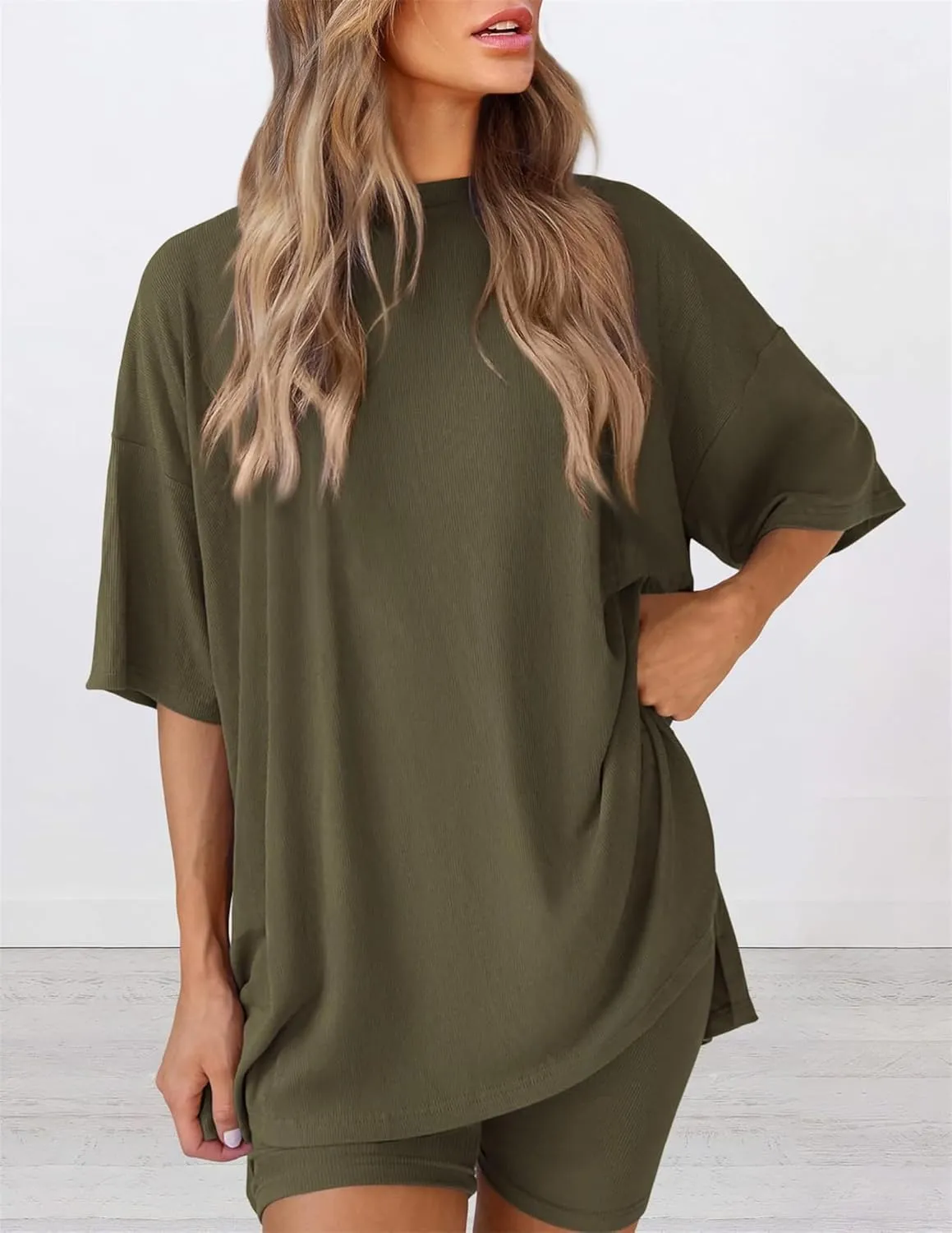 Frunqui Womens short Sets, Summer Casual Round Neck Short Sleeves Loose Shirts and Shorts Two Piece Lounge Set