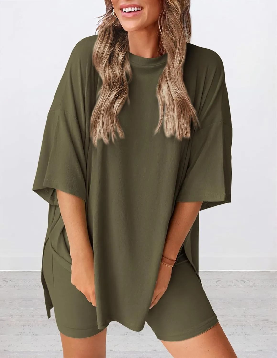 Frunqui Womens short Sets, Summer Casual Round Neck Short Sleeves Loose Shirts and Shorts Two Piece Lounge Set