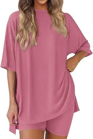 Frunqui Womens short Sets, Summer Casual Round Neck Short Sleeves Loose Shirts and Shorts Two Piece Lounge Set