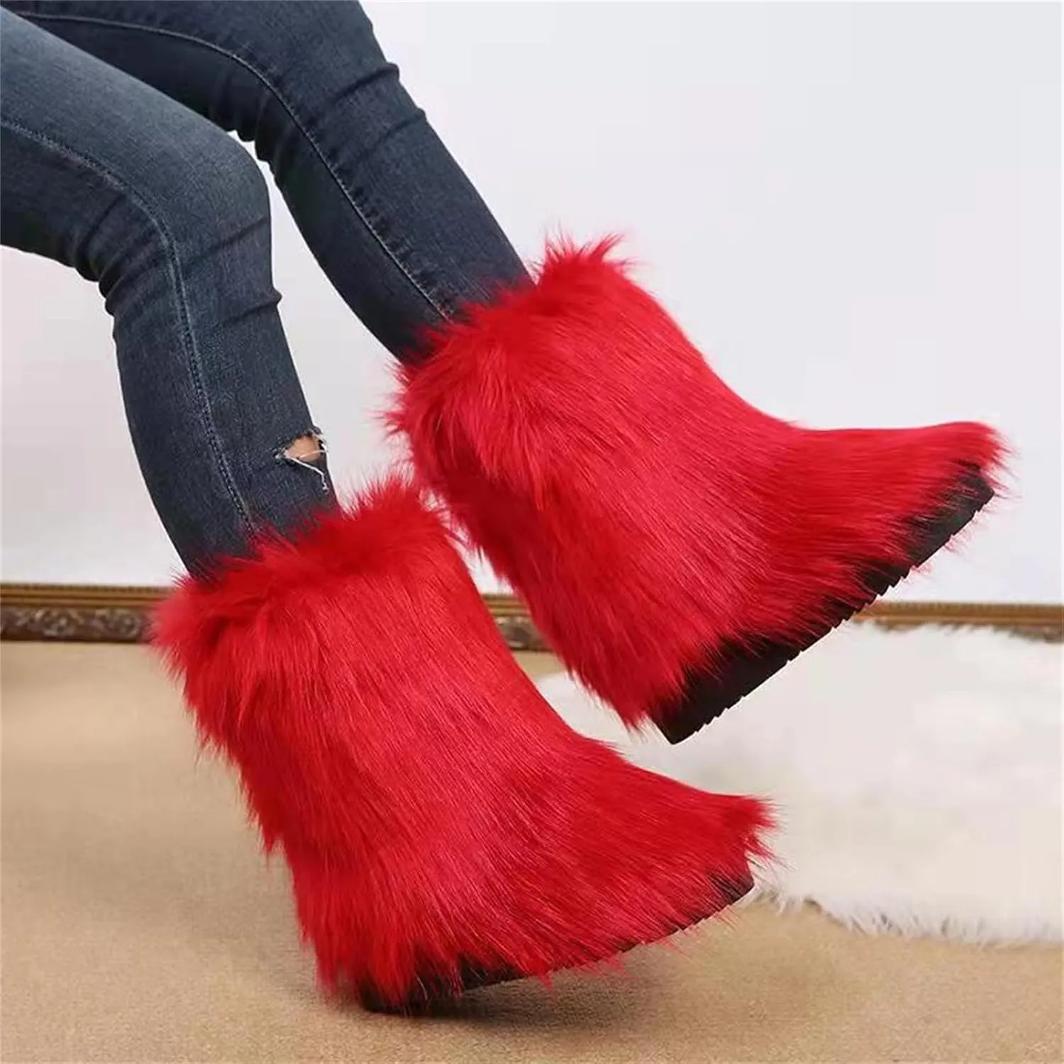 Furry Faux Fur Boots for Women Outdoor Flat Shoes Winter Warm Fuzzy Fluffy Furry Ankle Boots Mid Calf Snow Booties