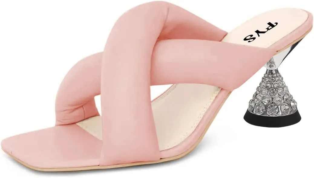 FYS Women Comfortable Cross Strap Rhinestone Kitten Heel Mules Square Open Toe Slip On Sandals Slides Slippers Summer Dress Party Prom Backless Shoes Size 4-15 US